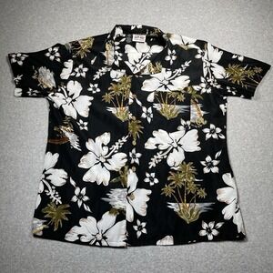 Ron Jon Surf Shop Shirt Mens L Black Hawaiian White Floral Tropical Button Front
